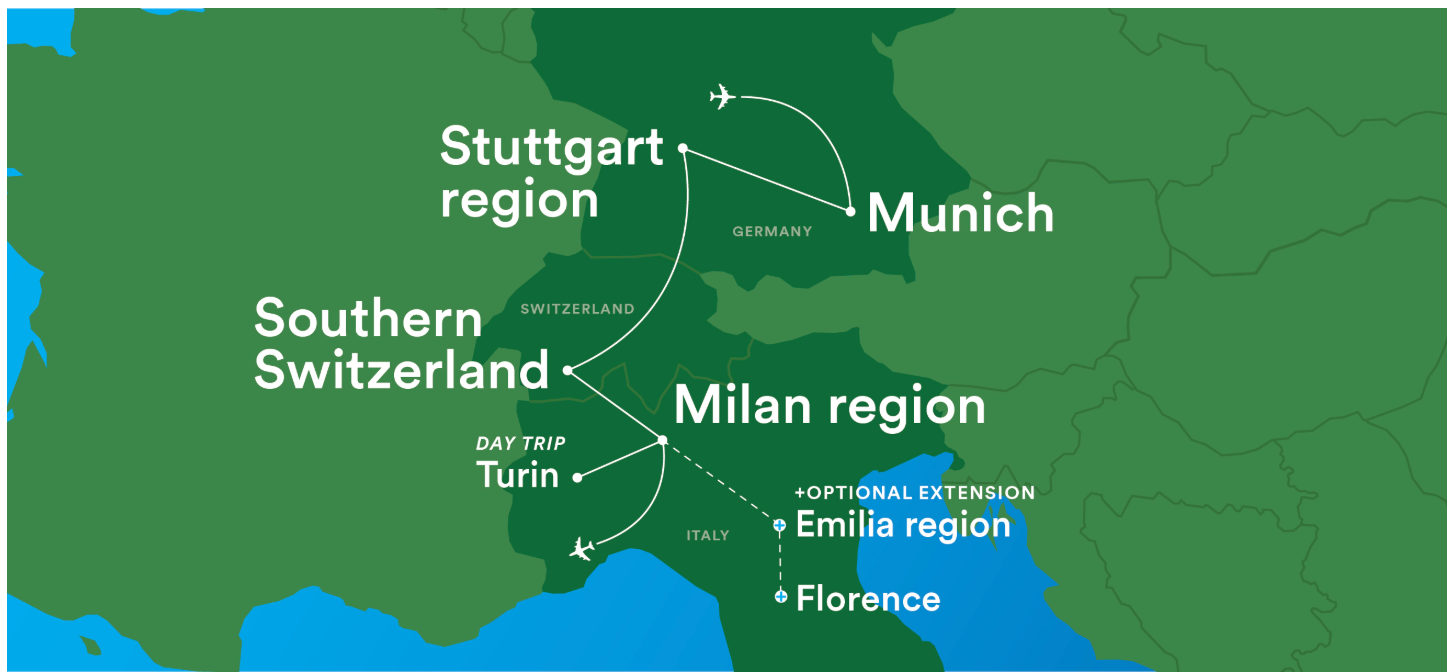 Tour route map showing Stuttgart, Munich, Southern Switzerland, Milan region, Turin, Emilia region, and Florence
